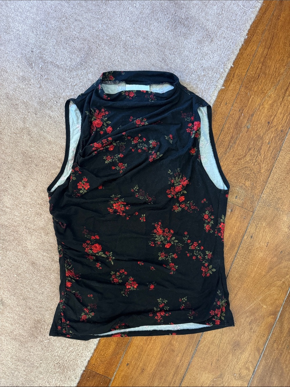 Reformation Black Sleeveless Mock Neck Tank with Red Floral Print